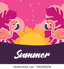 flamencos con sol y hojas