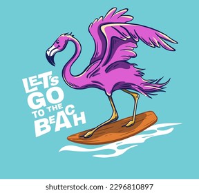 Flamingos surf cool summer t-shirt print. Bird ride surfboard. Let's go to beatch slogan. Surfer funny child wear illustration. Sea surf sport kids typography fashion