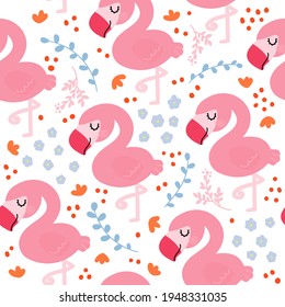 Flamencos para el diseño de los niños textiles. Fondo blanco. Ornamento decorativo de primavera. Aves tropicales con flores. Patrón vectorial sin costuras. 