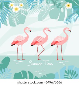 Flamingos with tropical background, vector illustration