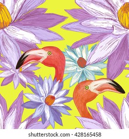 Flamingos in tropical colors seamless pattern vector 