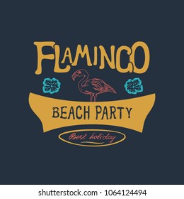 Flamingos, tropical flowers badge. Handmade Flamingos, tropical flowers. Vector illustration for printing on textiles, Souvenirs, postcards.