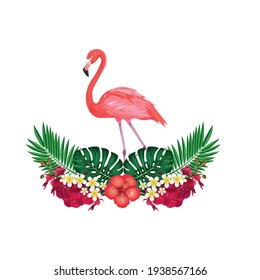 Flamingos, tropical flowers, palm leaves and orchids