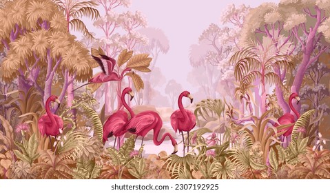 Flamingos in the tropical forest. Vector