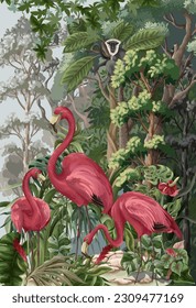 Flamingos im tropischen Wald. Vektorgrafik