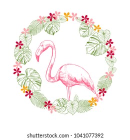 Flamingos and tropical leaves with flowers. Vector sketch  illustration.