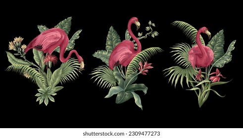 Flamingos and tropical leaves isolated. Vector
