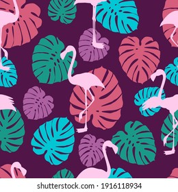 
flamencos y hojas tropicales. patrón ininterrumpido con flamencos y hojas de monstera. patrón sin fisuras para la impresión en tejidos y papel. ilustración vectorial de stock.