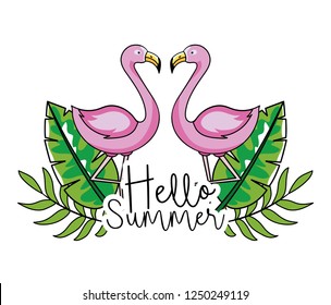 flamingos with tropical leaves in summer vacation