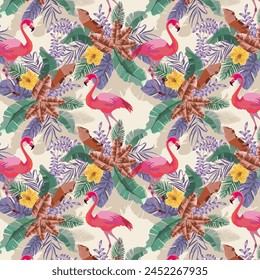 Flamingos and tropical plants.Vector seamless pattern with pink flamingos and colorful palm leaves.