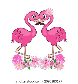 Flamingos Valentines Day A pair of cute lovers pink flamingos with cute eyes with eyelashes with flowers beautiful card Valentines Day print on textiles on a t-shirt on packaging Vector illustration