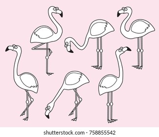 Flamingos in various poses in a hand drawn doodle style. Line art with white fill.