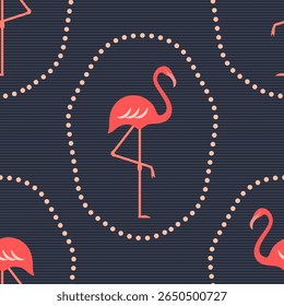 Flamingos vector seamless pattern. Bright pink tropical flamingo birds on dark blue striped background. Exotic retro summer repeat design in mid-century modern style for fabrics, wallpaper, fashion