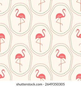 Padrão sem emenda do vetor de flamingos. Fofos flamingo tropical rosa brilhante em quadros pontilhados sobre fundo claro. Exótico retro verão repetir design de superfície para tecidos, papel de parede, moda, envoltório