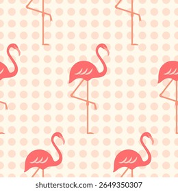 Flamingos vector seamless pattern. Tropical pink flamingo birds on light dotted background. Cute monochrome retro summer surface design. Exotic wildlife repeat tile for fabrics, wallpaper, fashion