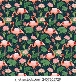 Flamingos and water lilies.Seamless vector pattern with pink flamingos and water lilies on a colored background.