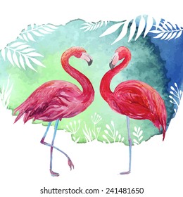 Flamingos. Watercolor tropical illustration with flamingo couple and palm tree leaves background. Hand drawn bright art in vector 