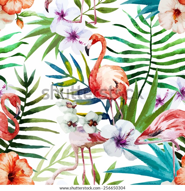 Flamingos, watercolor, tropics, pattern