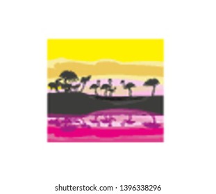 flamingos in wild nature landscape, silhouette illustration