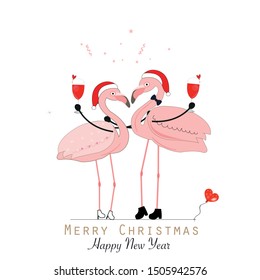 Flamingos. Wine glass with a loving couple. Funny flamingos. The concept of love. Happy new year and merry christmas