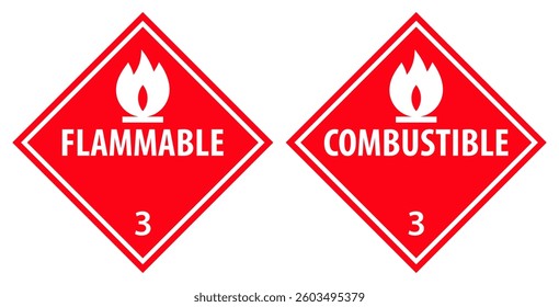 Flammable and combustible warning signs, indicating flammable gases, aerosols, liquids or solids labels. 