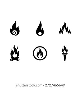 Iconos inflamables y de riesgo de incendio con llamas, antorchas y siluetas de hogueras.
