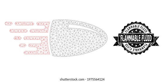 Flammable Fluid dirty seal imitation and vector flying bullet mesh structure. Black stamp seal has Flammable Fluid caption inside ribbon and rosette. Abstract flat mesh flying bullet,