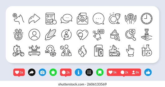Flammable fuel, Cursor and Time line icons pack. Social media: share, comment, like icons. Organic tested, Veterinary clinic, Headshot web icon. Vector