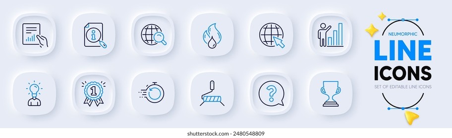 Combustible inflamable, signo de interrogación e iconos de línea de Educación para el App de Web. Paquete de rodillo de pintura, taza de premio, iconos de pictogramas de Internet. Recuperación rápida, búsqueda en Internet, gráficos gráficos de signos. Recompensa. Vector
