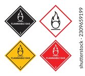 Flammable gas 2 signs icon set. explosive danger gas safety vector symbol sticker. oxygen tank fire warning pictogram in red, yellow, and black color.