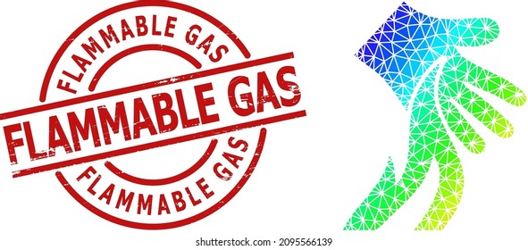 Flammable Gas grunge stamp and low-poly rainbow colored burn hand icon with gradient. Red seal has Flammable Gas title inside round and lines template.