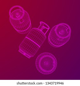 Flammable gas tank. Propane, butane, methane gas tank. Model wireframe low poly mesh vector illustration