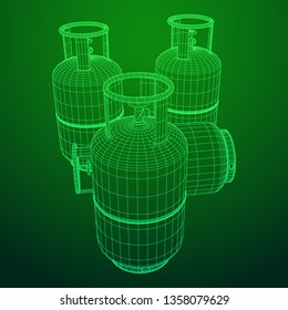 Flammable gas tank. Propane, butane, methane gas tank. Model wireframe low poly mesh vector illustration