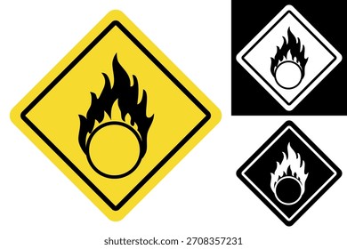 Ilustración de signo de advertencia de peligro inflamable para la seguridad del Industrial y la comunicación de riesgos químicos, con un ícono de círculo en llamas sobre un fondo de diamante amarillo