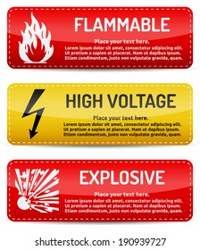 Flammable, High Voltage, Explosive - Danger, hazard sign on warning banner with light gradient reflection and shadow on white background