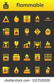 flammable icon set. 26 filled flammable icons.  Simple modern icons about  - Fire, Toxic, Fragile, Bonfire, Hot, Matches, Forest fire, Pump jack, Match, Matchbox, Burner, Lighter