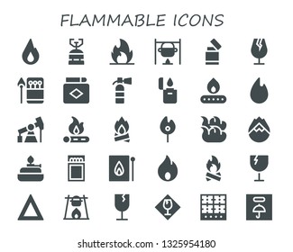 flammable icon set. 30 filled flammable icons.  Collection Of - Fire, Camping gas, Bonfire, Lighter, Fragile, Matches, Match, Extinguisher, Pump jack, Forest fire, Burner