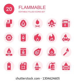 flammable icon set. Collection of 20 filled flammable icons included Lighter, Forest fire, Bonfire, Fire, Matches, Explosion, Match, Jerrycan, Flame, Extinguisher