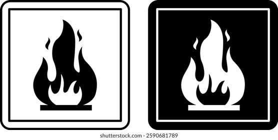 Flammable Icons. Labels for Cardboard Packaging. Warning Symbol, Handle with Care. Bonfire, Fire. Illustration on White and Black Background.