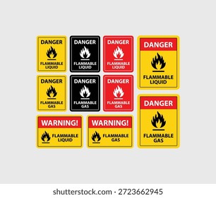 Las etiquetas de advertencia de peligro de líquidos y gases inflamables con iconos de llama están dispuestas en múltiples diseños de colores sobre un fondo claro, creadas para señalización de seguridad química, etiquetado industrial, capacitación y comunicación de peligros en el lugar de trabajo.