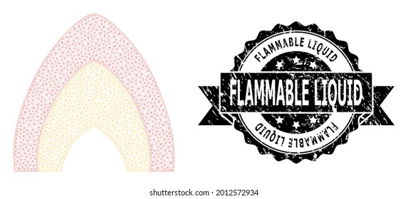 Flammable Liquid textured stamp seal and vector fire flame mesh model. Black stamp seal contains Flammable Liquid title inside ribbon and rosette. Abstract 2d mesh fire flame, built from flat mesh.