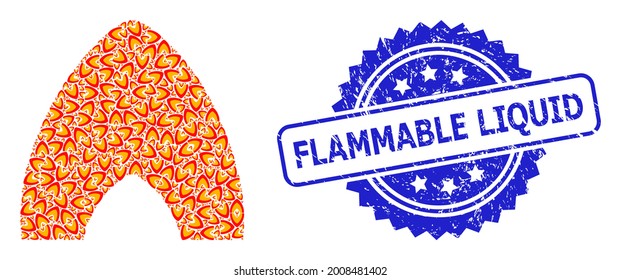 Flammable Liquid unclean stamp seal and vector fractal mosaic fire flame. Blue stamp includes Flammable Liquid caption inside rosette. Vector mosaic is created with random rotated fire flame items.