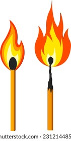 Flammable matches, Burning match with fire, icon isolated on white background. Cartoon flat design. Vector illustration.