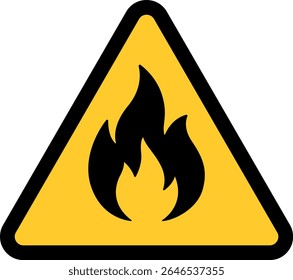 Sinal de perigo de material inflamável - triângulo amarelo ISO 7010 com ícone de chama negra indicando risco de incêndio ou de combustão