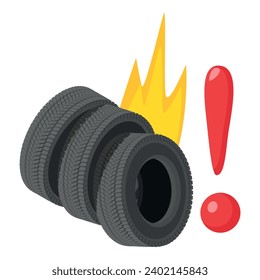 Flammable material icon isometric vector. Burning car tire and exclamation mark. Industrial pollution, environment