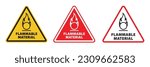 Flammable material warning icon symbol set in red, yellow, and black color. Fire dangerous caution pictogram.