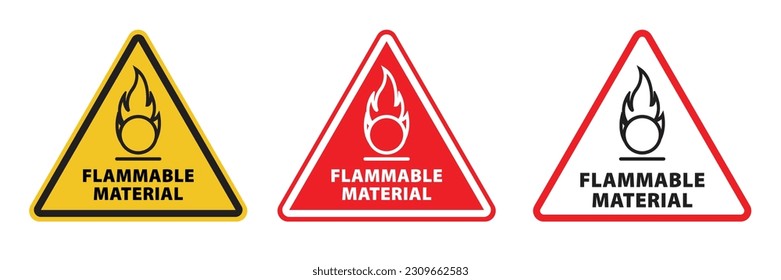 Flammable material warning icon symbol set in red, yellow, and black color. Fire dangerous caution pictogram.