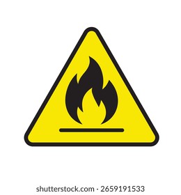 Icono de advertencia de material inflamable: signo de triángulo amarillo con símbolo de llama negra para etiquetas de precaución de seguridad y riesgo de incendio