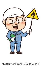 [Flammable materials] Illustration of a worker working in a factory or on-site holding a warning sign