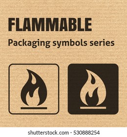 FLAMMABLE packaging symbol on a corrugated cardboard background. For use on cardboard boxes, packages and parcels. EPS10 vector illustration